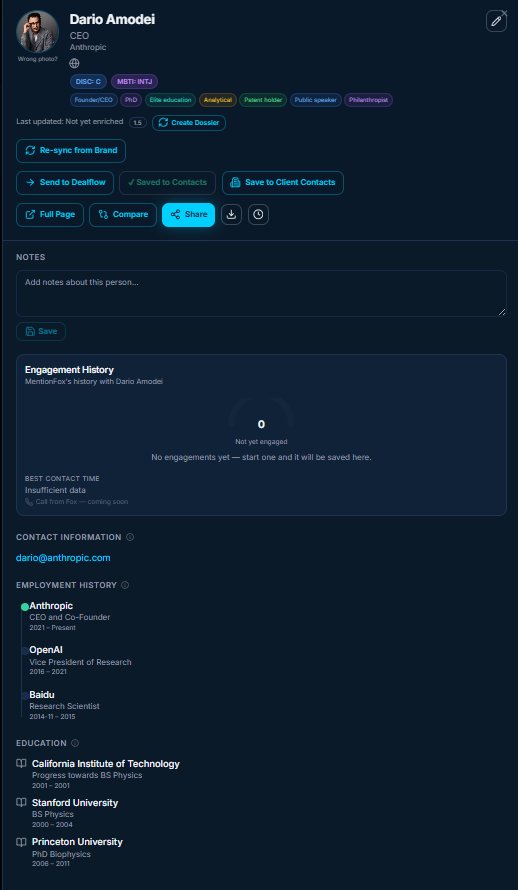 Dossier: DISC/MBTI badges, employment, education