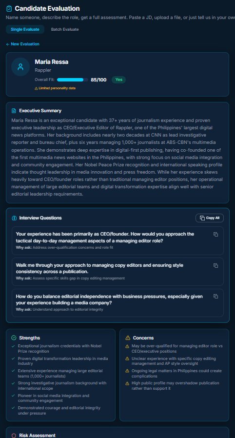 Eval: Maria Ressa 85/100, executive summary, interview questions, strengths/concerns
