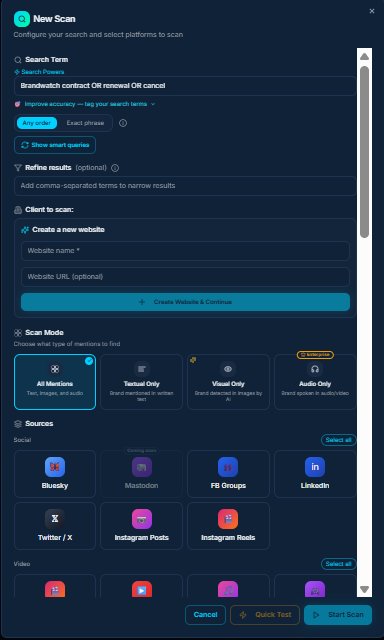 New Scan — configure search term, select platforms, scan mode