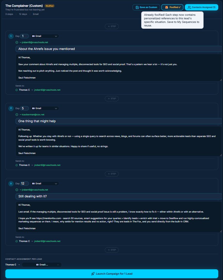 After Foxify — personalized emails referencing lead's actual Ahrefs complaint