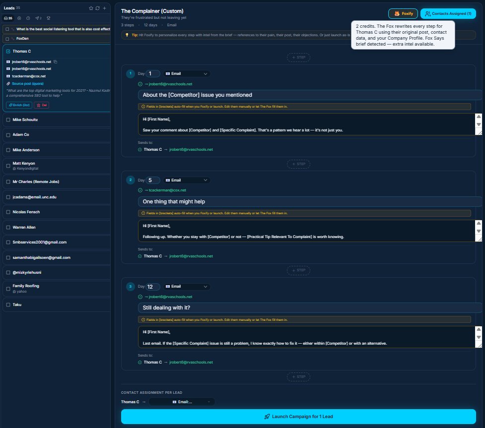 The Complainer template — before Foxify, with bracket placeholders