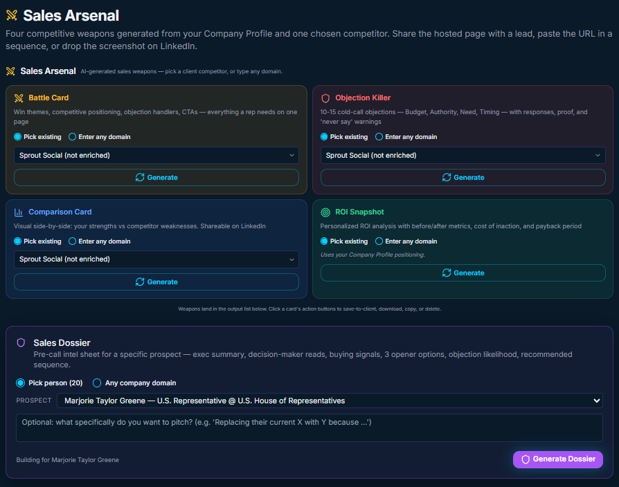 MentionFox Sales Arsenal showing four competitive weapons: Battle Card, Objection Killer, Comparison Card, ROI Snapshot — plus a Sales Dossier generator for specific prospects