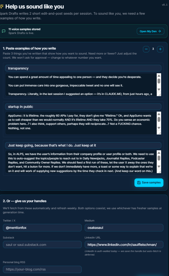 MentionFox Help us sound like you — voice training interface showing 11 voice samples stored, three text examples pasted (transparency, startup in public, just keep going), and handle inputs for Twitter, Medium, Substack, LinkedIn, personal blog RSS